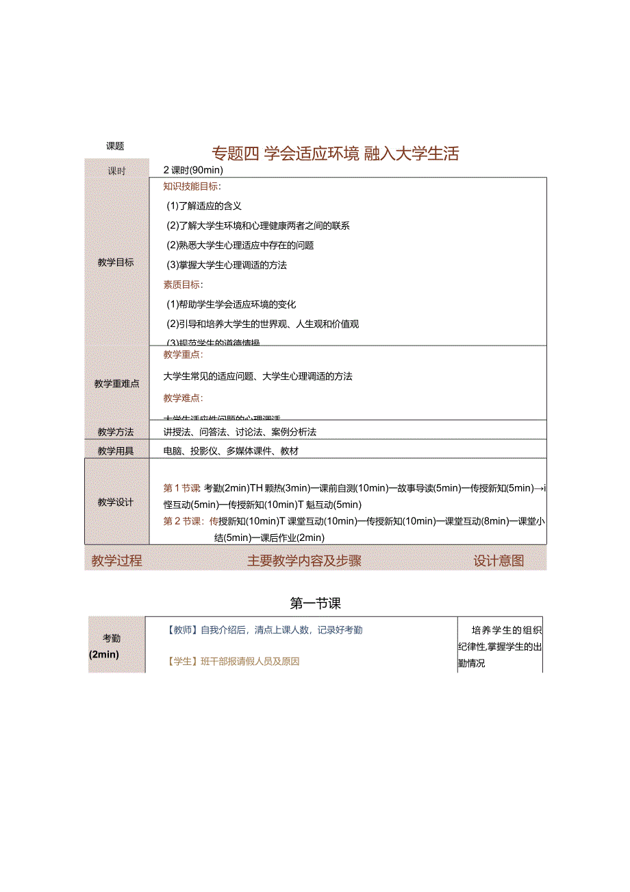 《大学生心理健康教育》教案第4课学会适应环境融入大学生活.docx_第1页