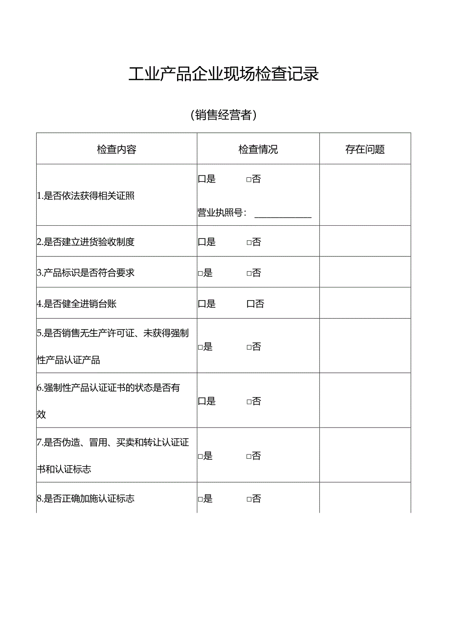 工业产品企业现场检查记录(销售经营）.docx_第1页