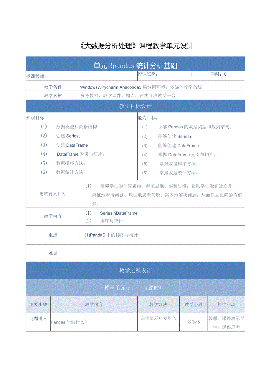 《大数据分析处理》教案-单元设计单元3-pandas统计分析基础.docx_第1页