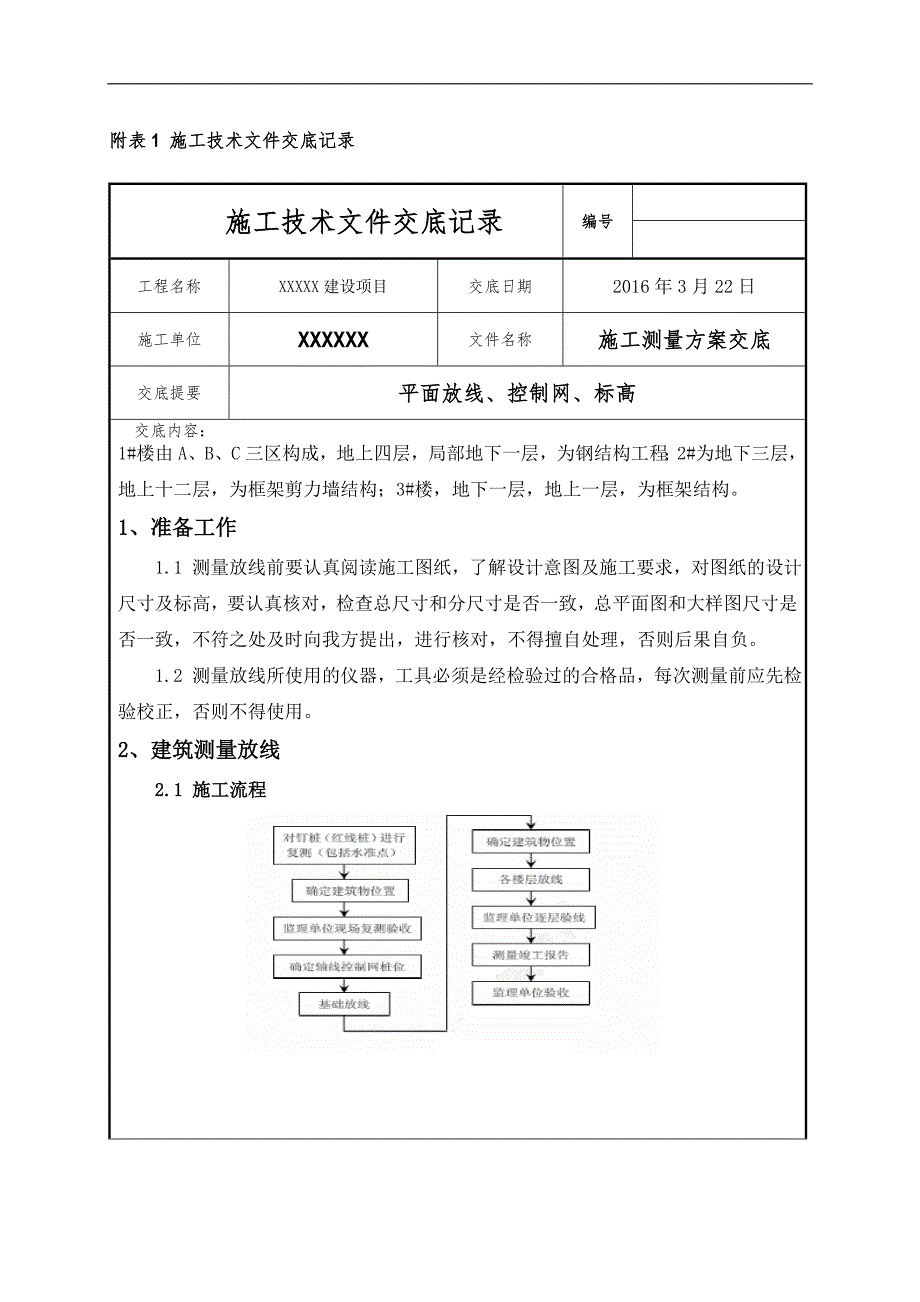 XXXXX建设项目施工技术文件交底记录.doc_第1页