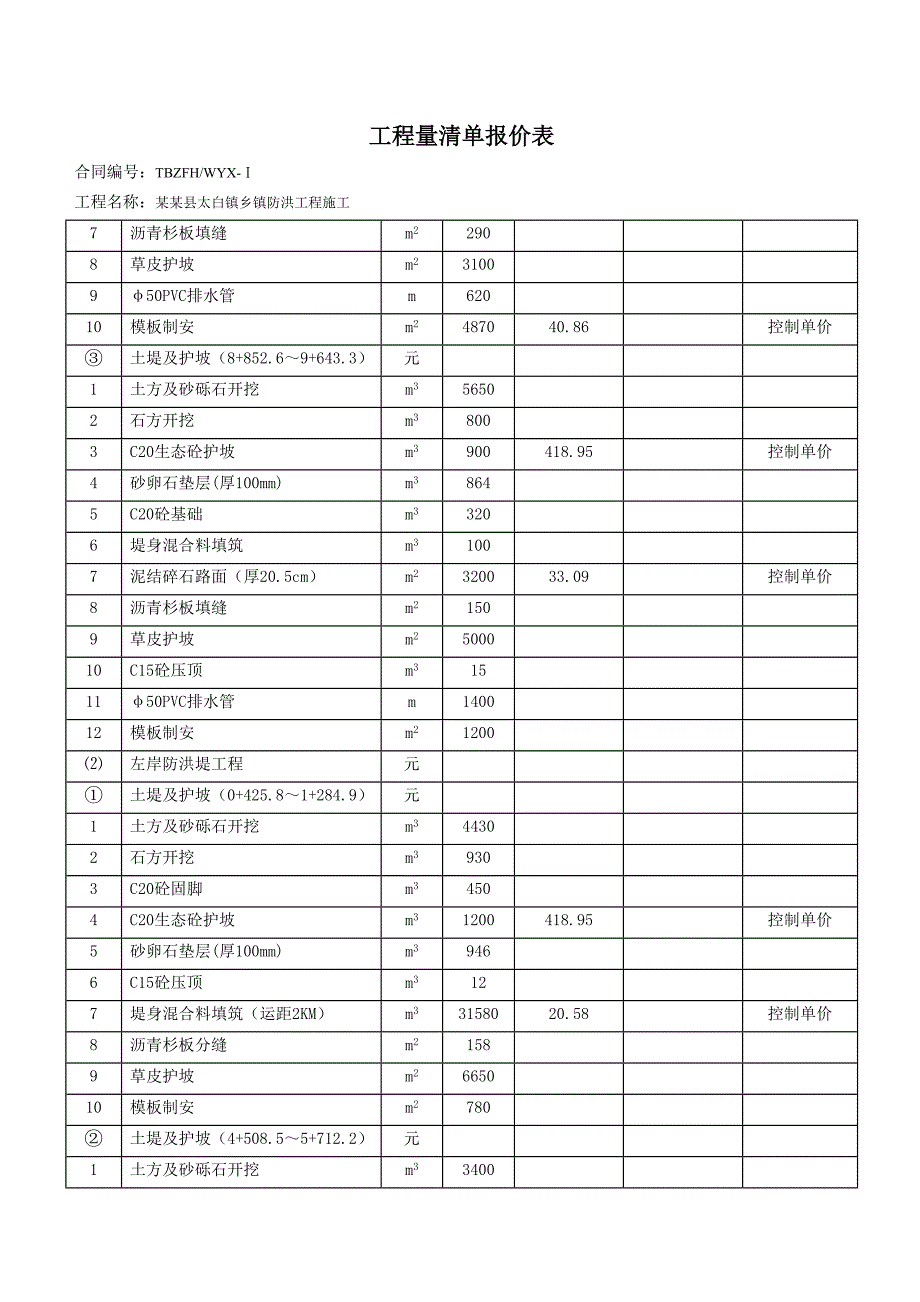 江苏省某乡镇防洪工程施工清单报价表.doc_第3页