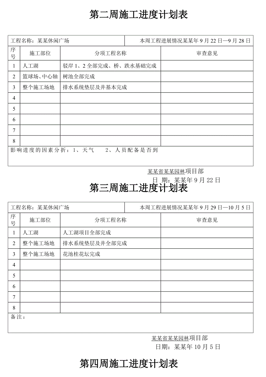 湖南某休闲广场工程周施工进度计划表.doc_第1页