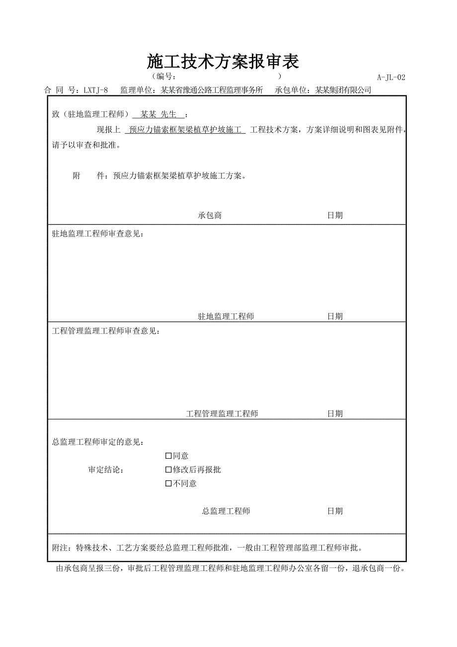 河南某高速公路合同段路基预应力锚索框架梁植草护坡施工方案.doc_第1页