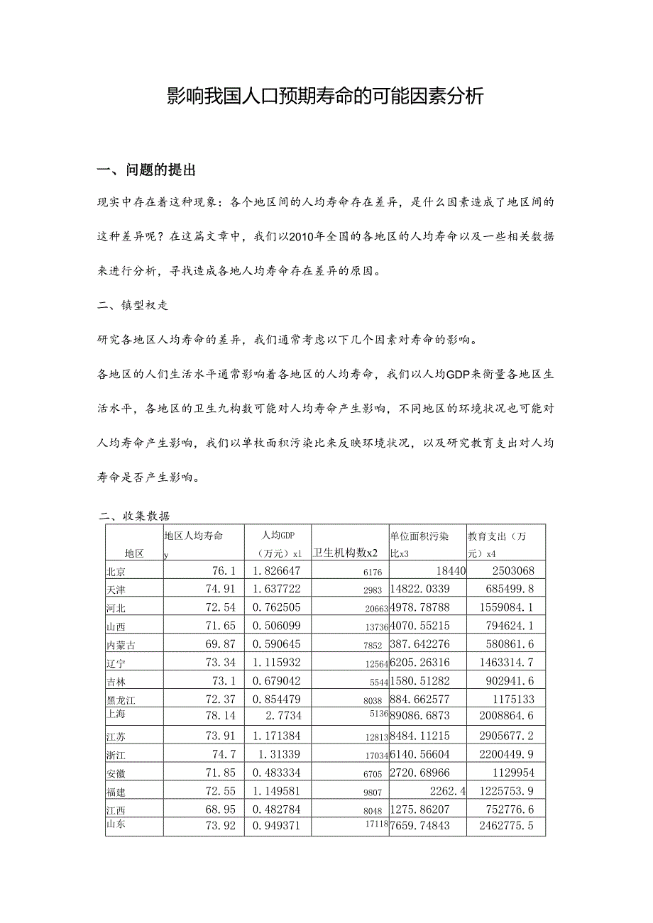 (作业)计量经济学论文(eviews分析)《影响我国人口预期寿命的可能因素分析》.docx_第1页