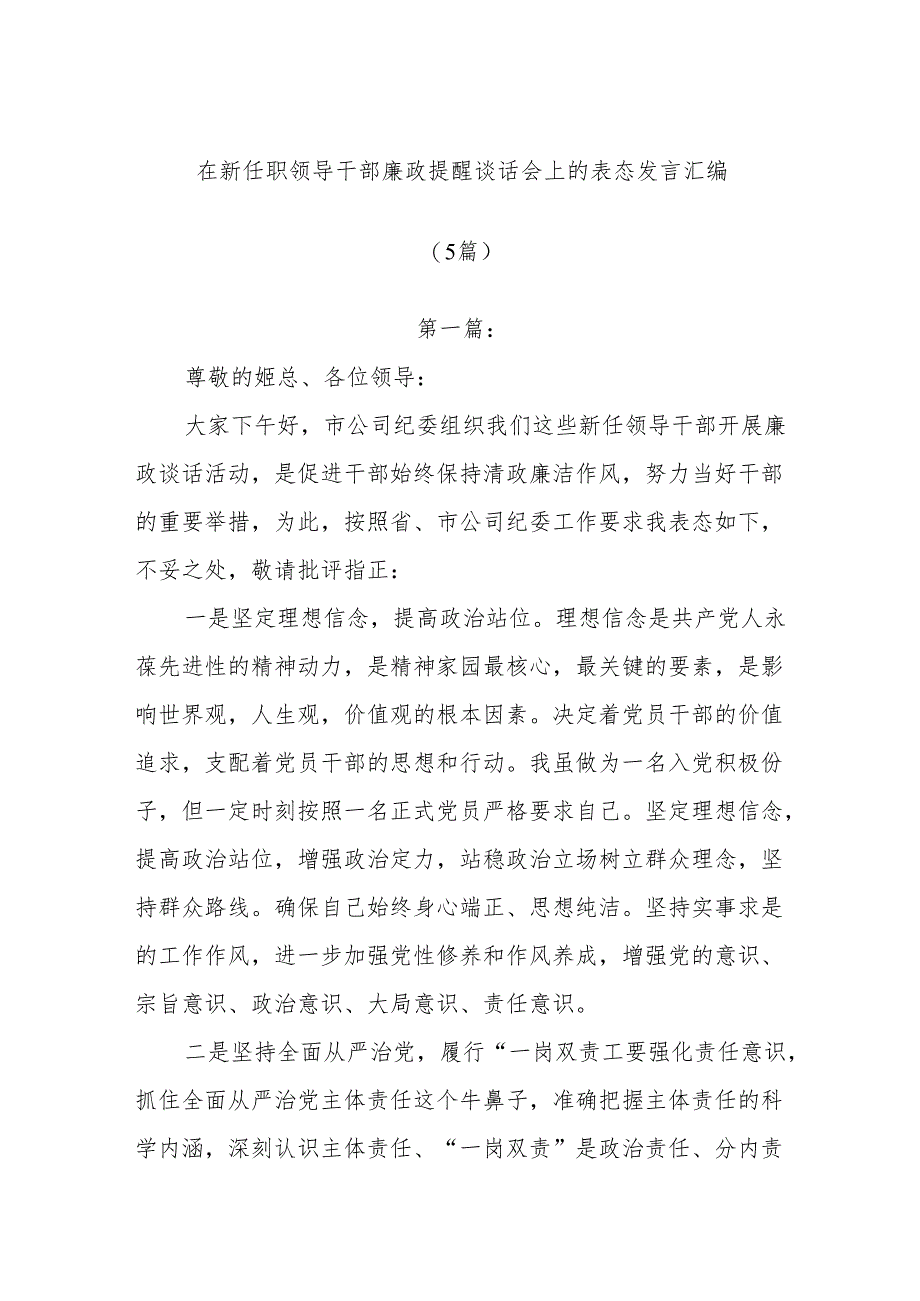 (5篇)在新任职领导干部廉政提醒谈话会上的表态发言汇编.docx_第1页