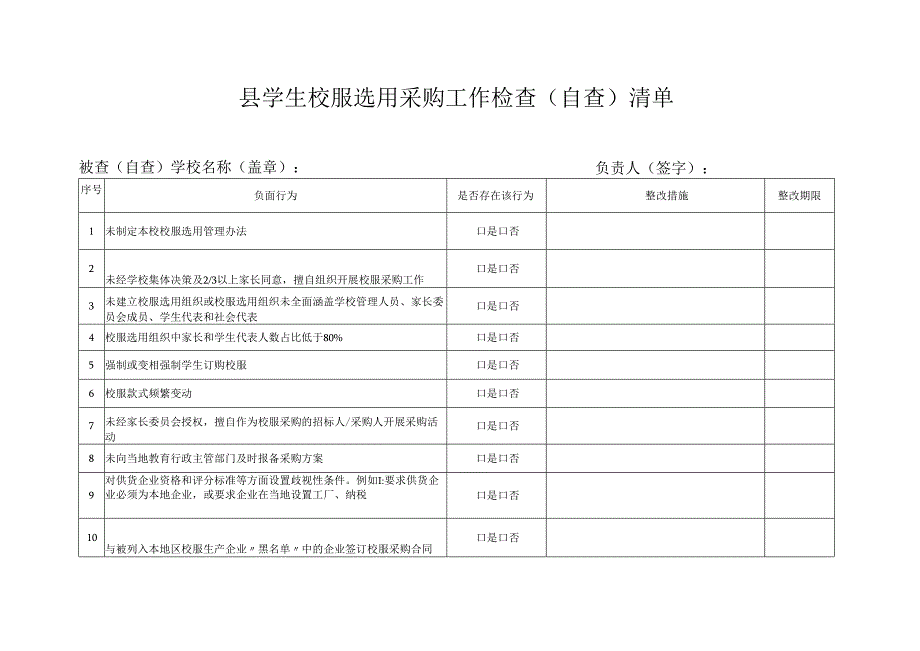 县学生校服选用采购工作检查（自查）清单（）空表.docx_第1页