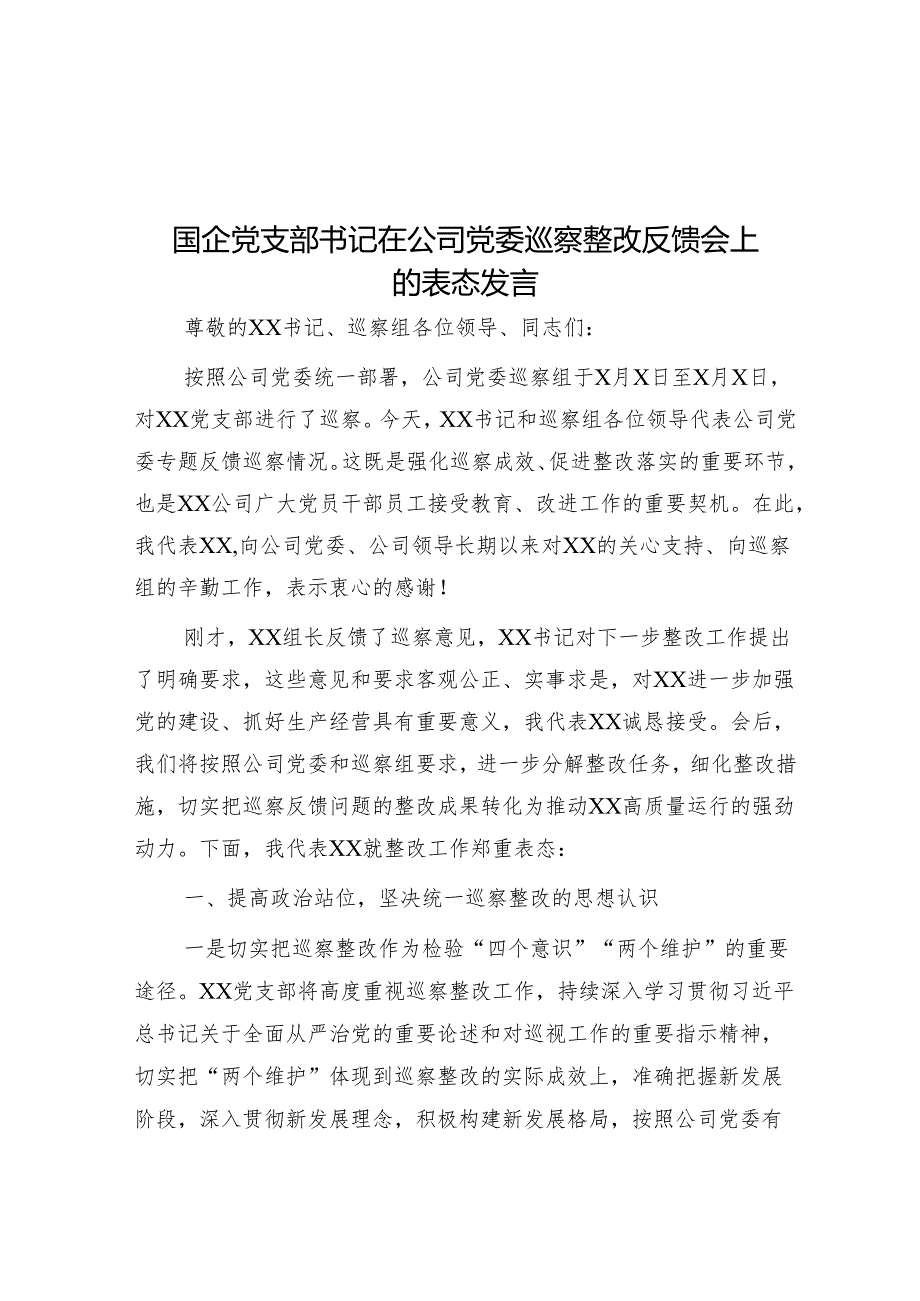 国企党支部书记在公司党委巡察整改反馈会上的表态发言&关于学习条例、研讨交流、巡视巡察等方面标题集锦50例.docx_第1页