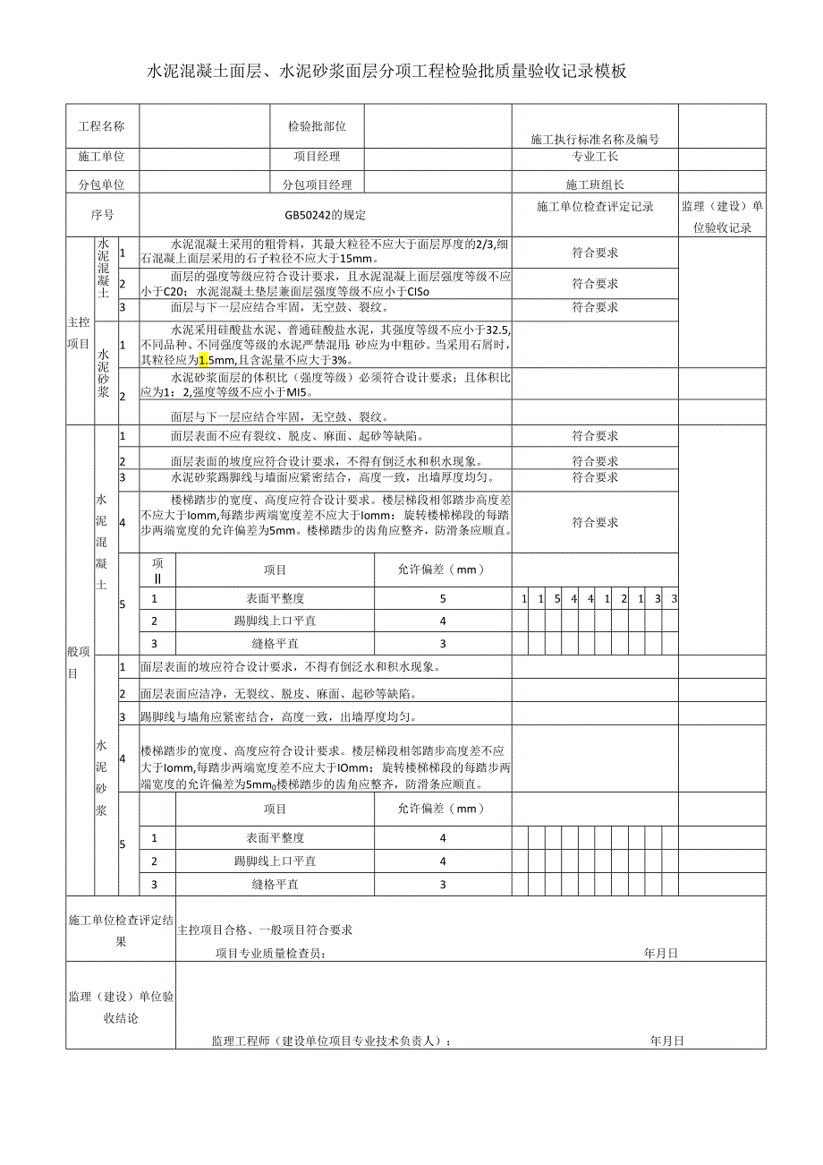 水泥混凝土面层、水泥砂浆面层分项工程检验批质量验收记录模板.docx_第1页