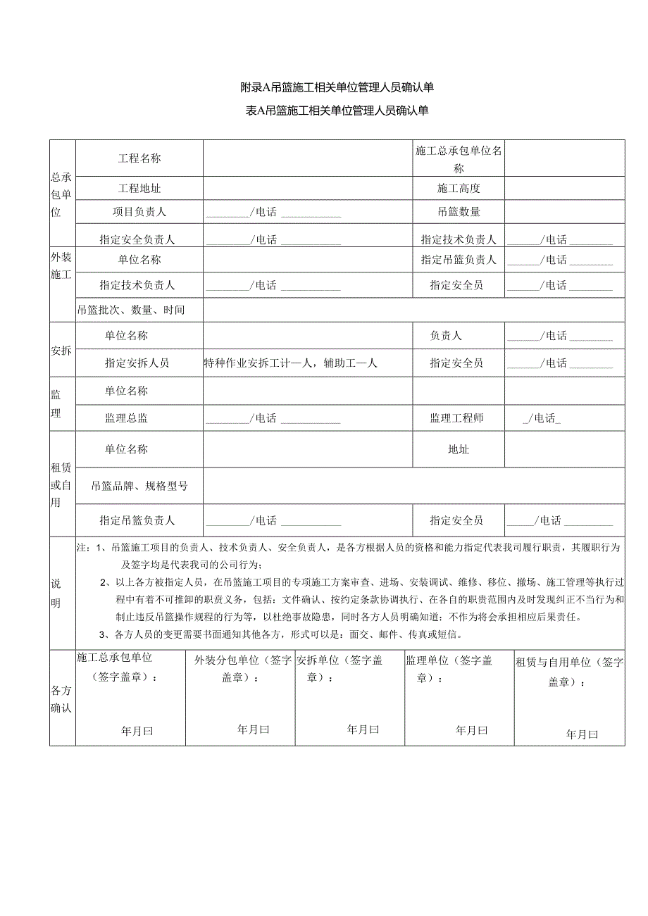 吊篮专项施工方案确认单、安全技术交底表、承诺书、日常检查表.docx_第1页