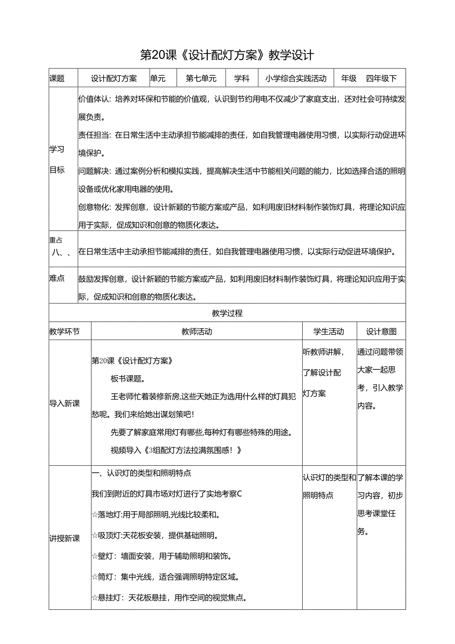 沪科贵州版综合实践活动四年级第二学期《设计配灯方案》教案.docx_第1页