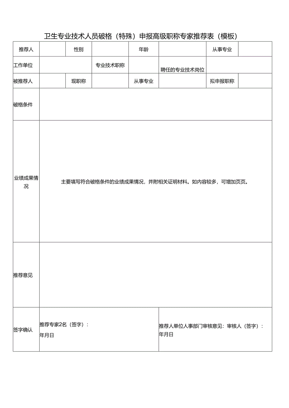 卫生专业技术人员破格（特殊）申报高级职称专家推荐表（模板）.docx_第1页