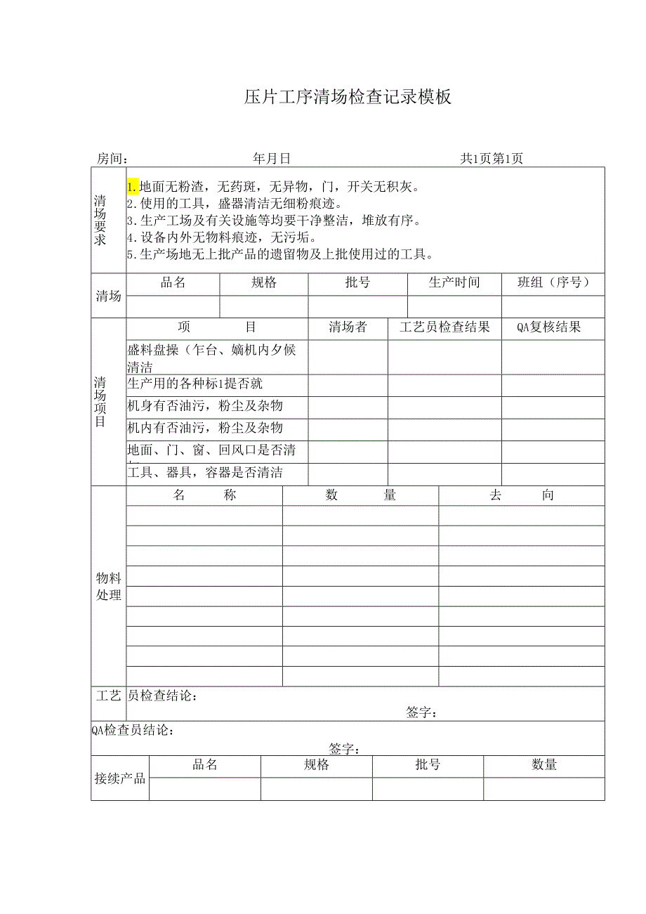 压片工序清场检查记录模板.docx_第1页