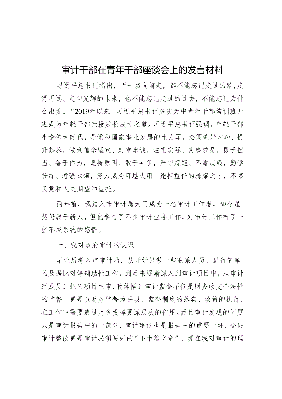 审计干部在青年干部座谈会上的发言材料.docx_第1页