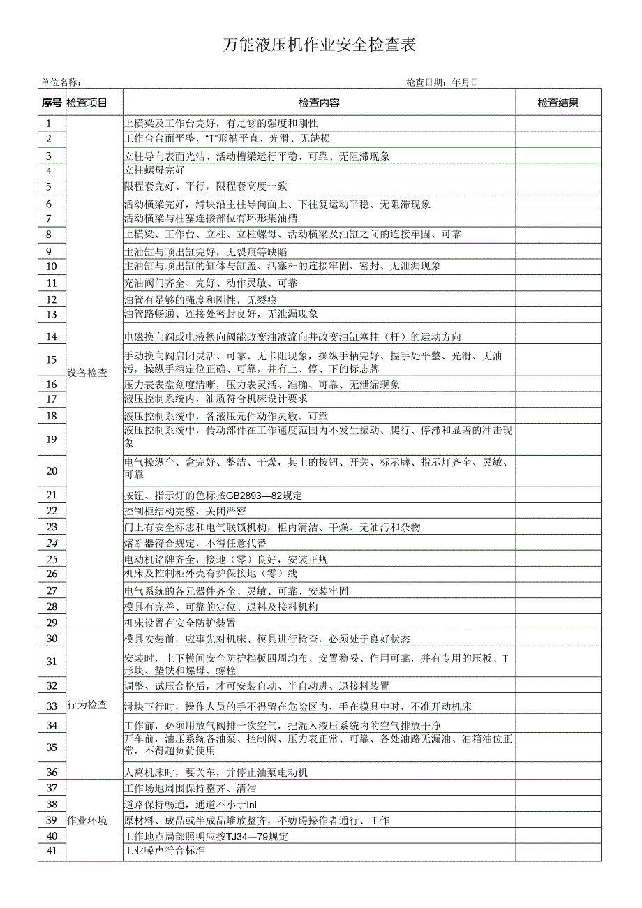 万能液压机作业安全检查表.docx_第1页