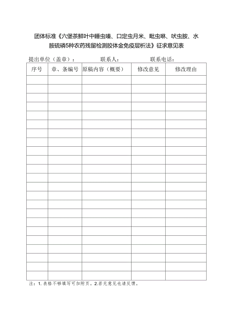 附件9：《六堡茶鲜叶中噻虫嗪、啶虫脒、吡虫啉、呋虫胺、水胺硫磷5种农药残留检测 胶体金免疫层析法》征求意见表.docx_第1页