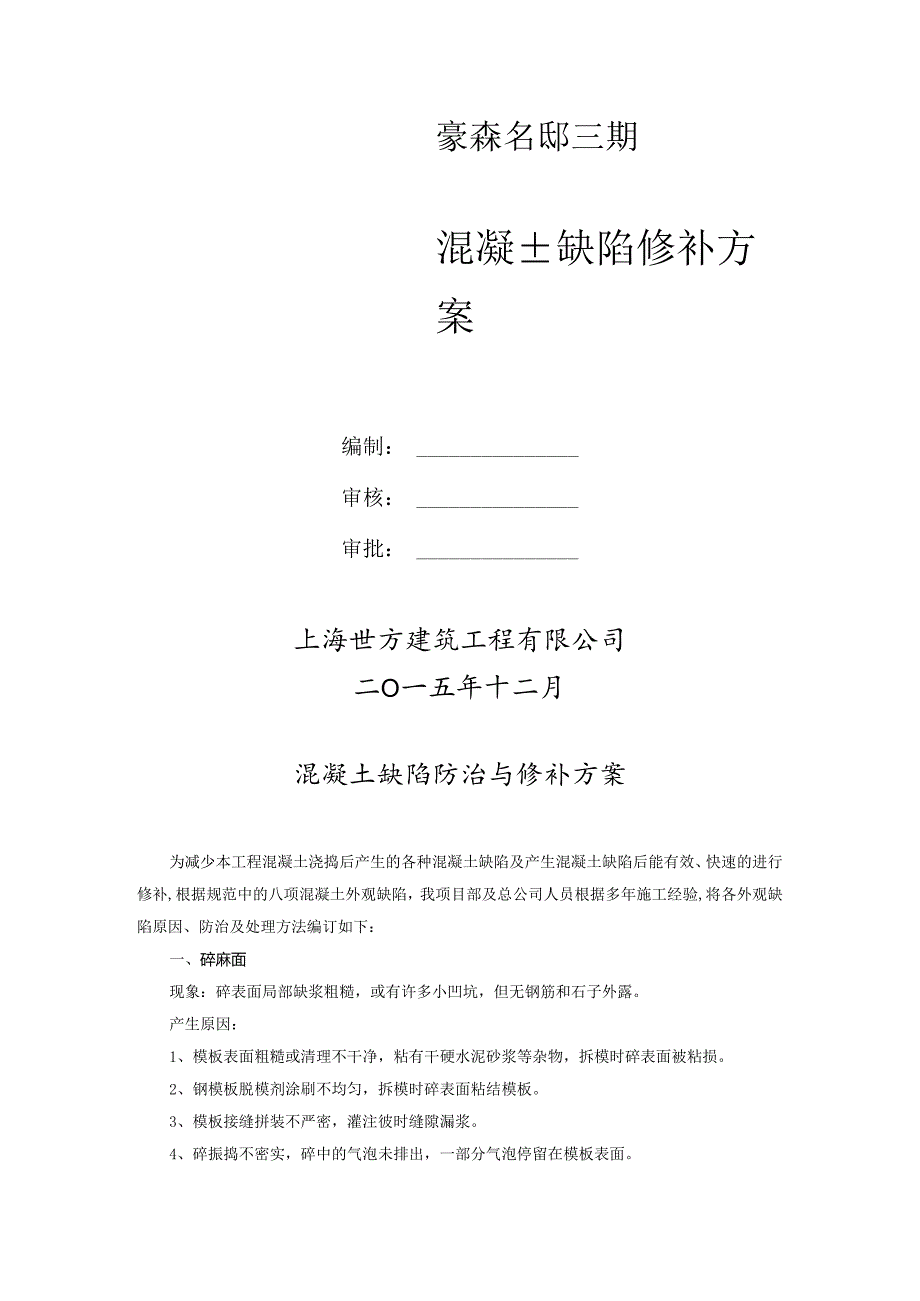 混凝土缺陷修补方案.docx_第1页