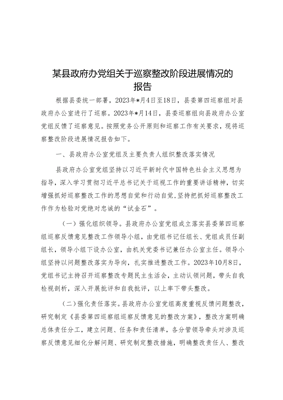 某县政府办党组关于巡察整改阶段进展情况的报告&在巡察组巡察反馈会上的表态发言.docx_第1页