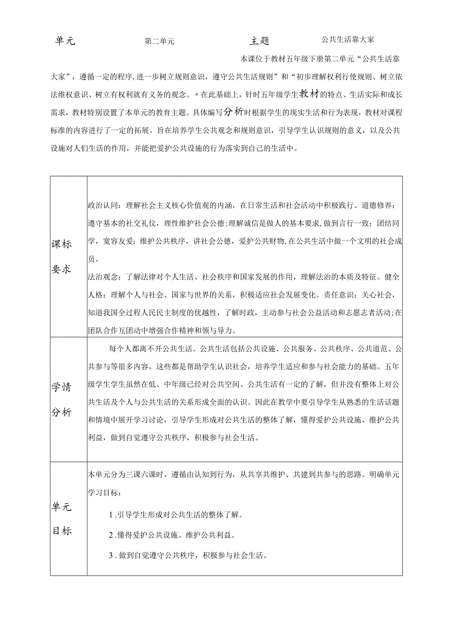 道德与法治五下第二单元单元备课公共生活靠大家.docx_第1页