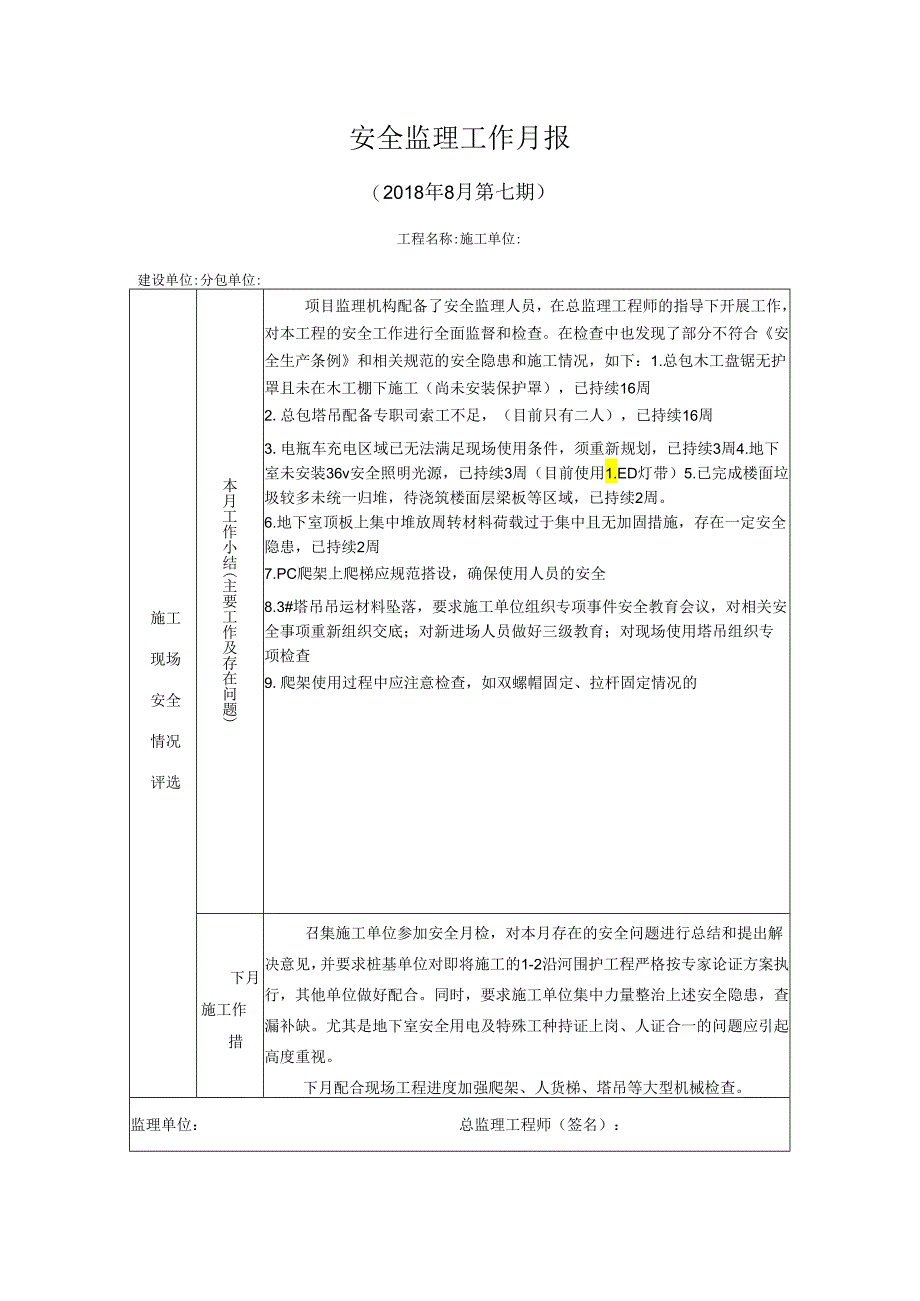 [监理资料]安全监理工作月报(10).docx_第1页