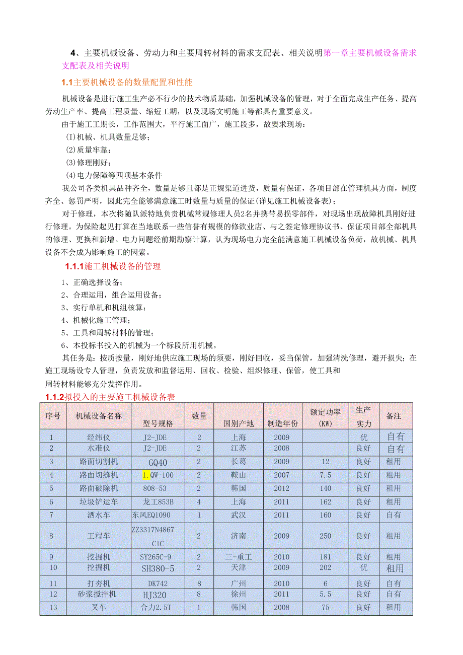 4、主要机械设备、劳动力和主要周转材料的需求计划表、相关说明.docx_第1页