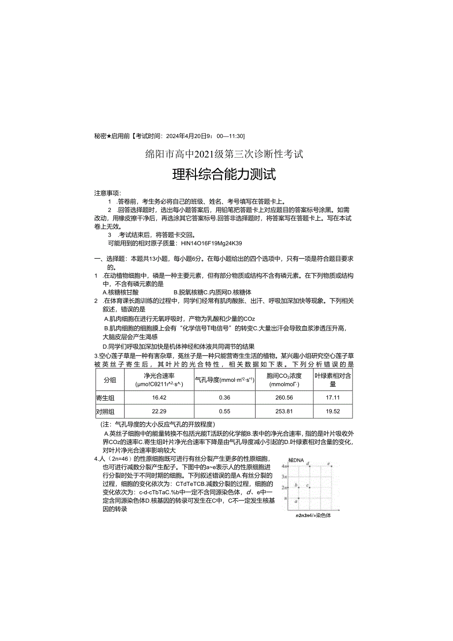 2024届绵阳三诊 理综试卷及答题卡.docx_第2页