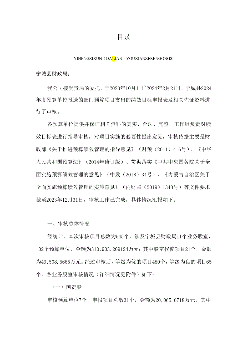 宁城县2024年度预算绩效目标审核工作报告.docx_第1页