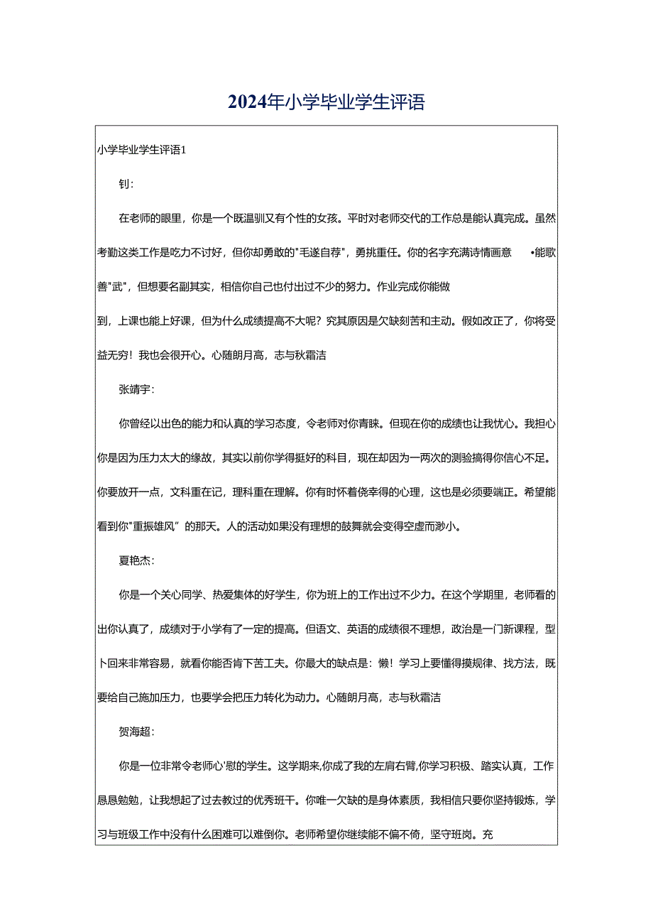 2024年小学毕业学生评语.docx_第1页