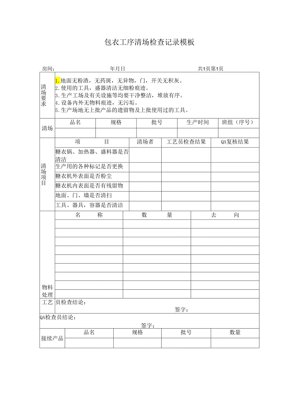 包衣工序清场检查记录模板.docx_第1页