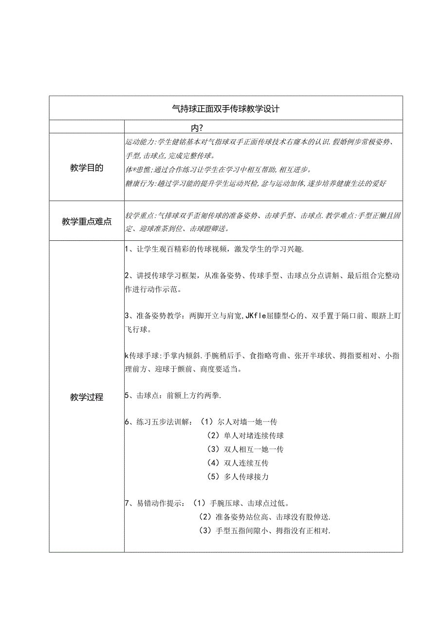 小学体育与健康水平三六年级：气排球正面双手传球 教学设计.docx_第1页