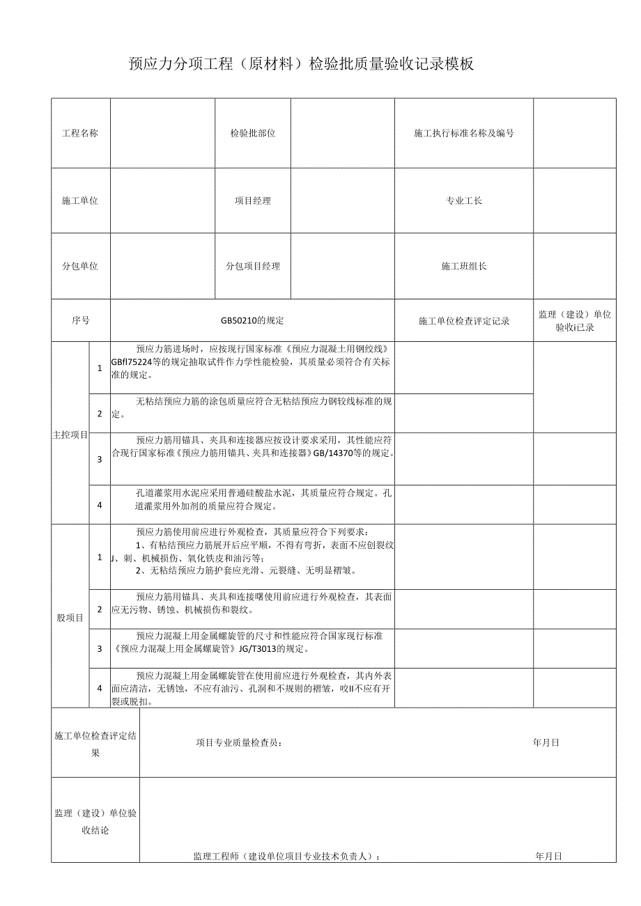 预应力分项工程（原材料）检验批质量验收记录模板.docx_第1页