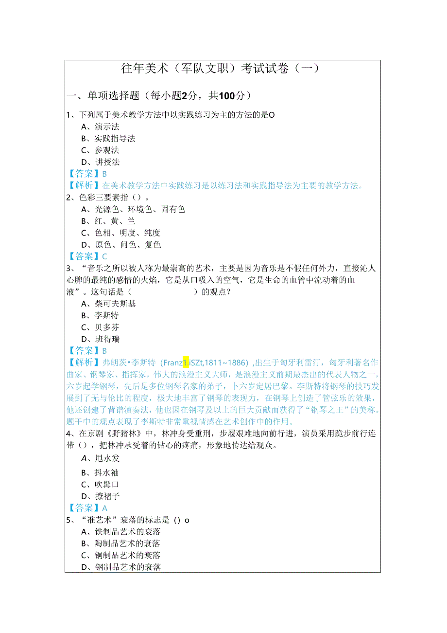 往年美术 (军队文职)考试试卷含答案.docx_第1页