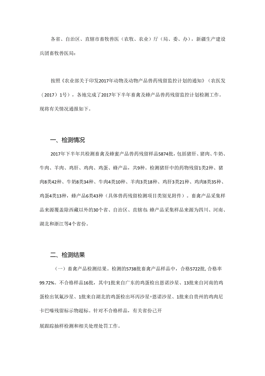 农业部通报畜禽及蜂产品兽药残留监控检测结果.docx_第1页