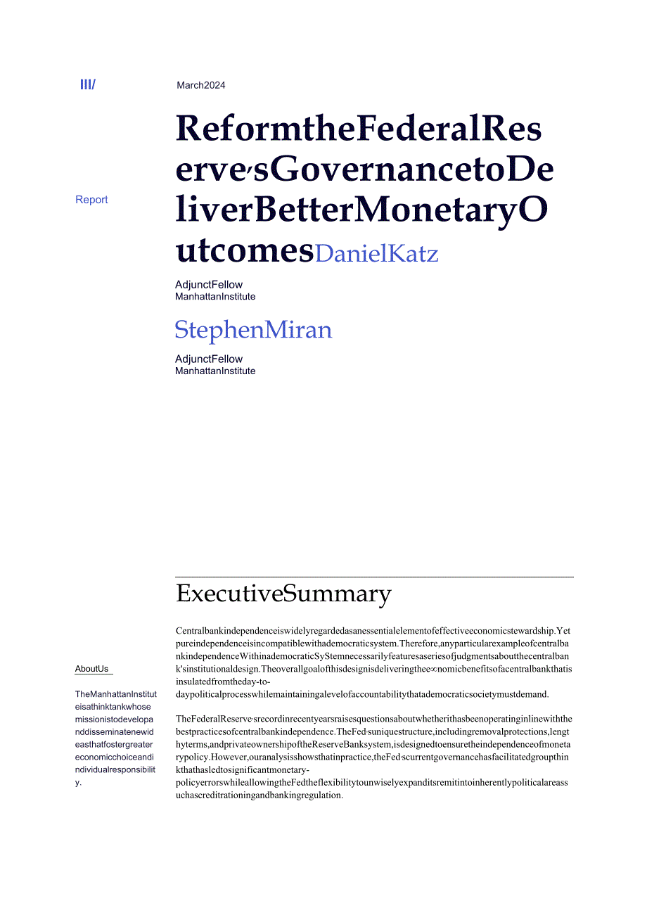 曼哈顿政策研究所-改革美联储的治理以实现更好的货币效果（英）-2024.3.docx_第1页