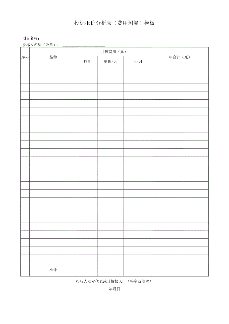 投标报价分析表（费用测算）模板.docx_第1页