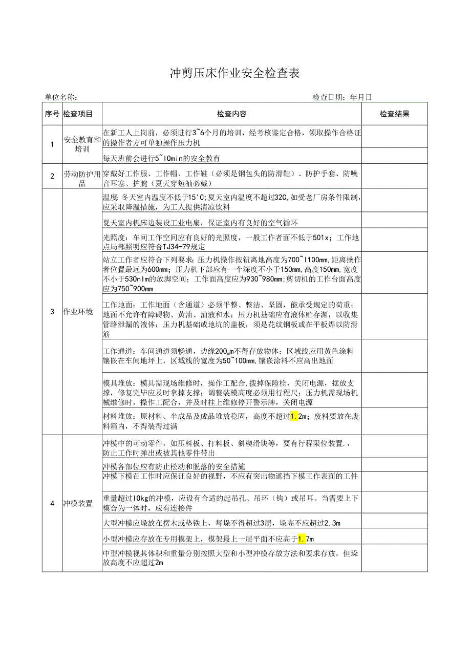 冲剪压床作业安全检查表.docx_第1页