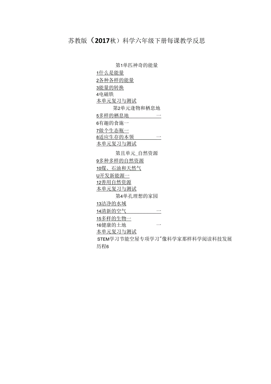 苏教版（2017秋）科学六年级下册每课教学反思（附目录）.docx_第1页