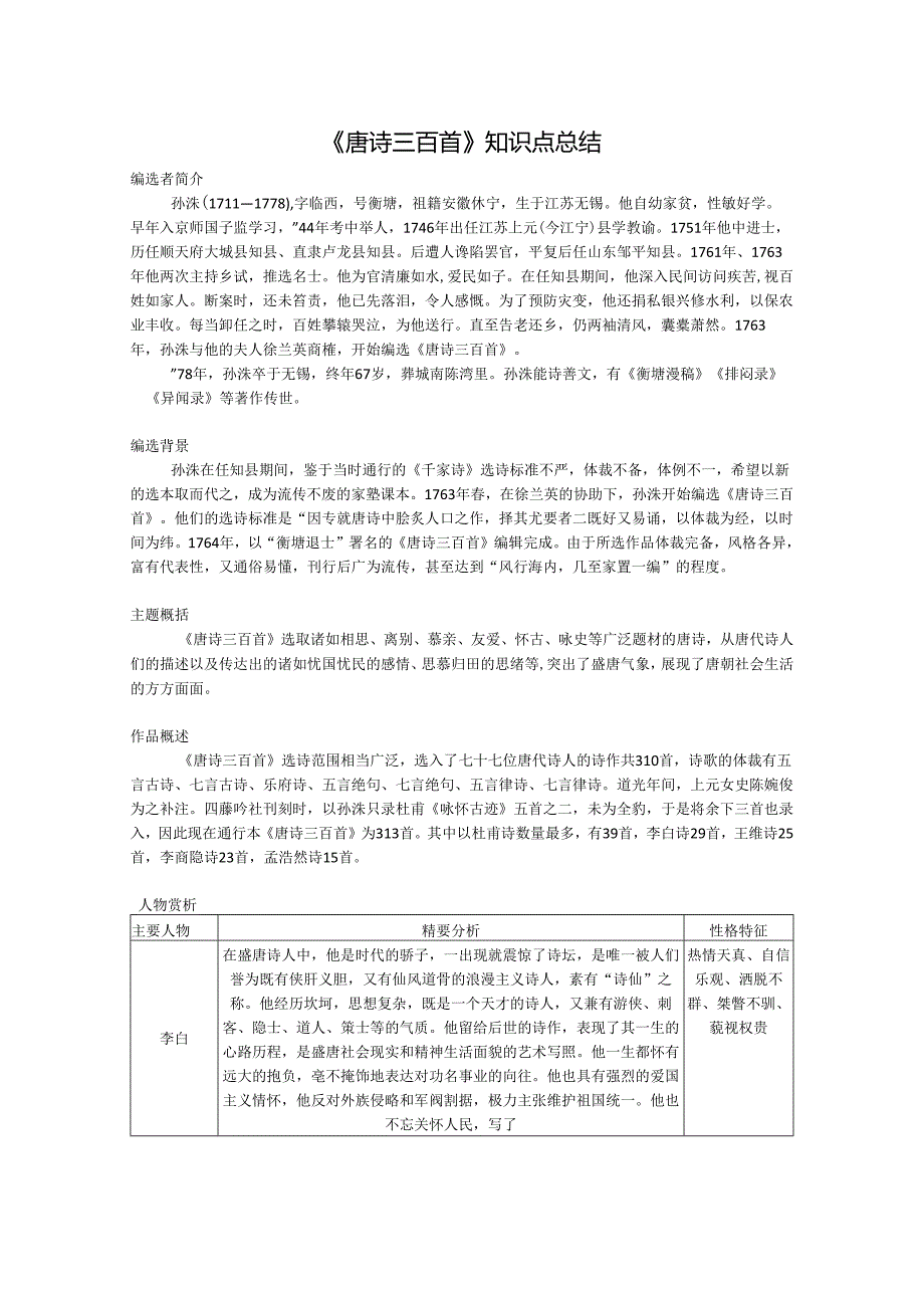 九年级上名著精读《唐诗三百首》知识点总结.docx_第1页