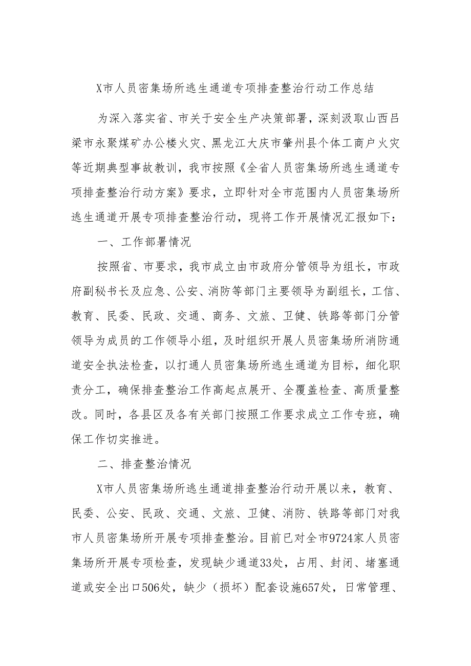 X市人员密集场所逃生通道专项排查整治行动工作总结.docx_第1页