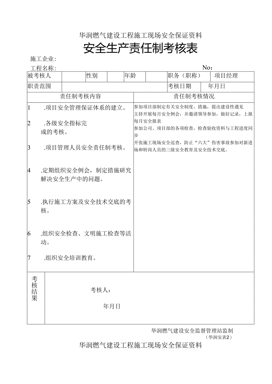 工程现场管理安全生产责任制考核表.docx_第1页