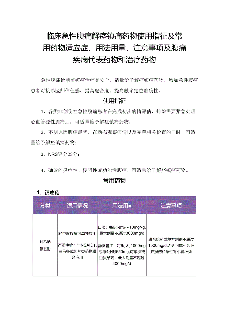 临床急性腹痛解痉镇痛药物使用指征及常用药物适应症、用法用量、注意事项及腹痛疾病代表药物和治疗药物.docx_第1页