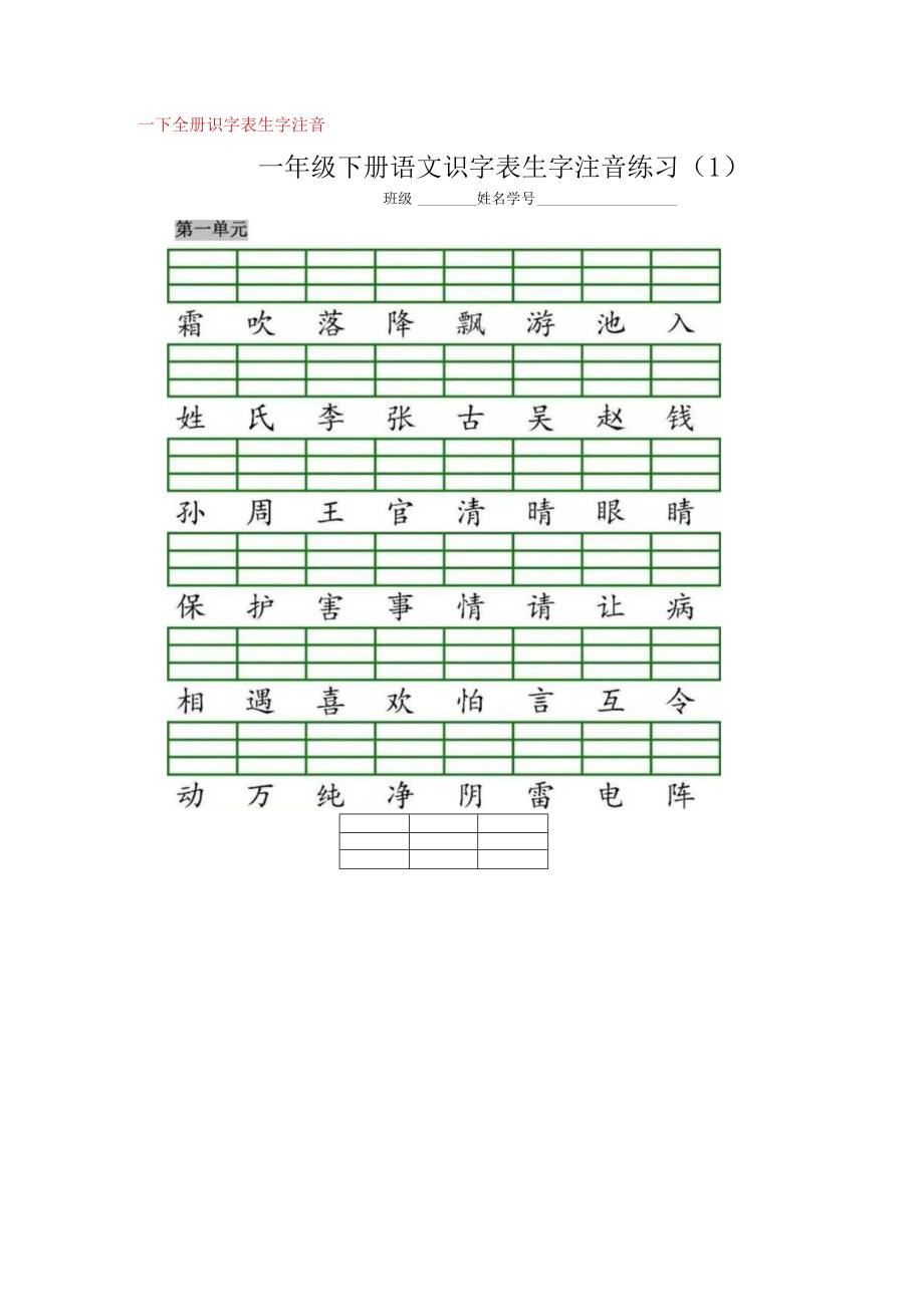 统编版一（下）全册识字表生字注音+二类字注音+看拼音写词语练习.docx_第1页