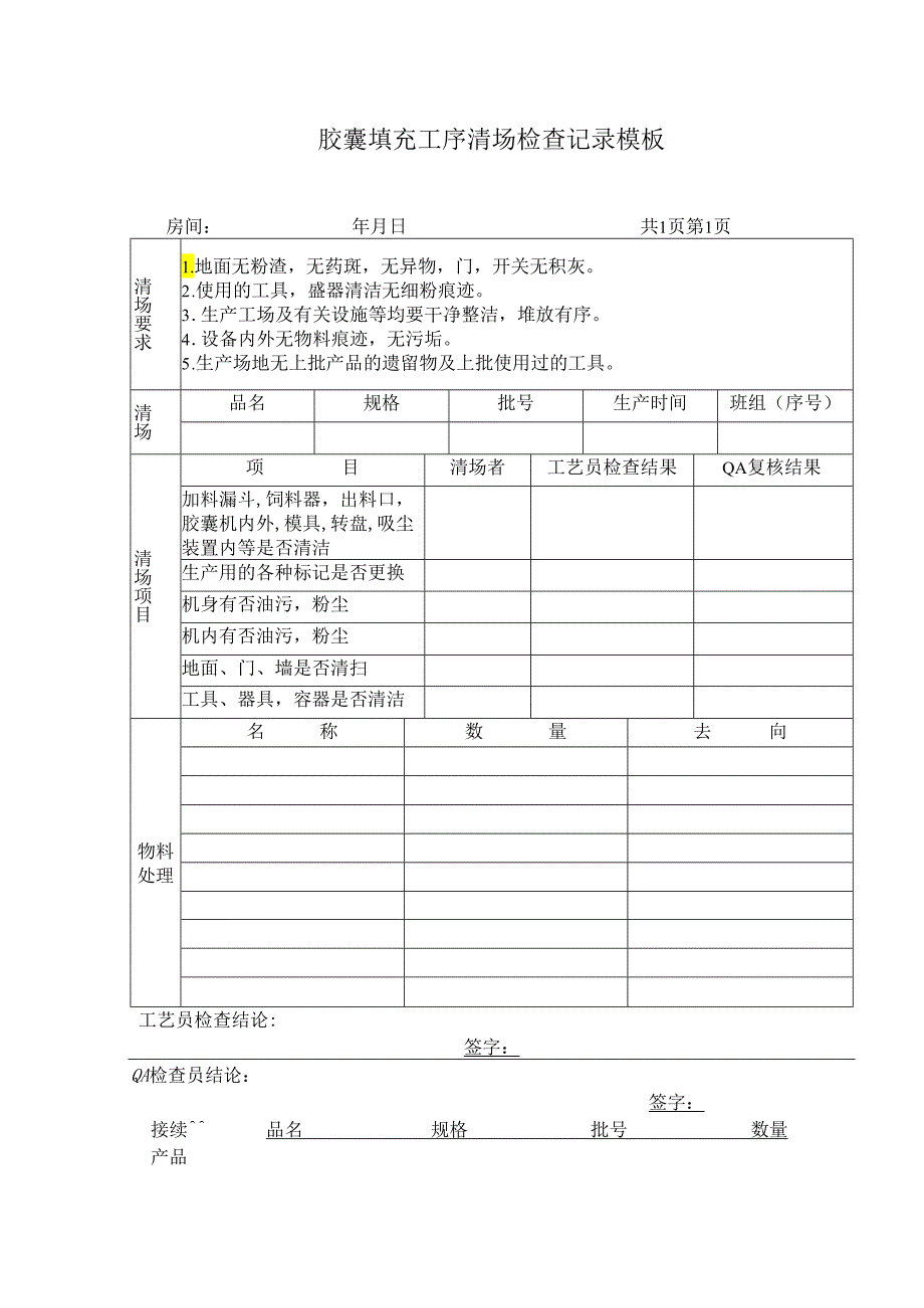 胶囊填充工序清场检查记录模板.docx_第1页