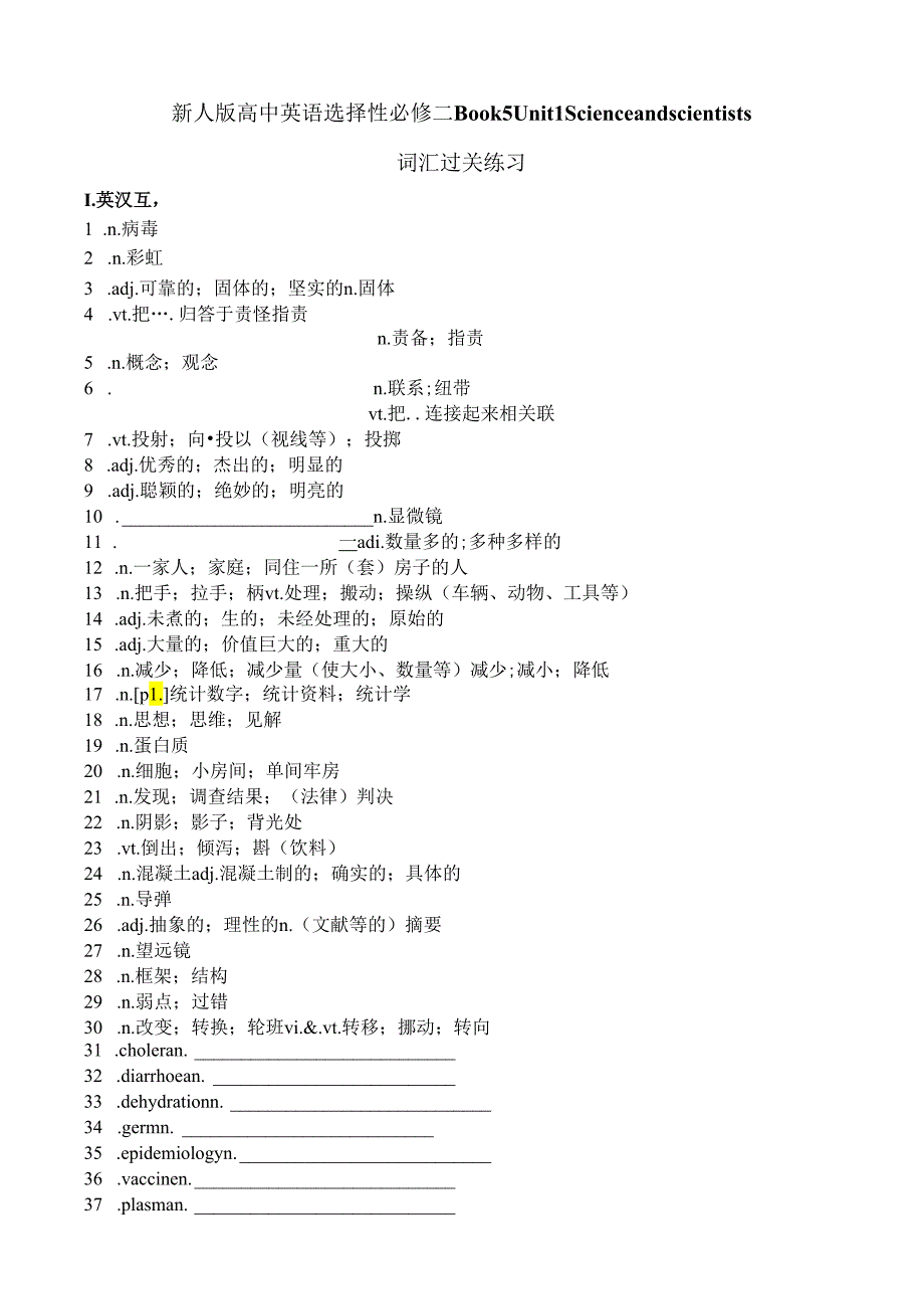 人教版（2019）选择性必修第二册Unit 1 Science and Scientists 词汇过关练习（有答案）.docx_第1页