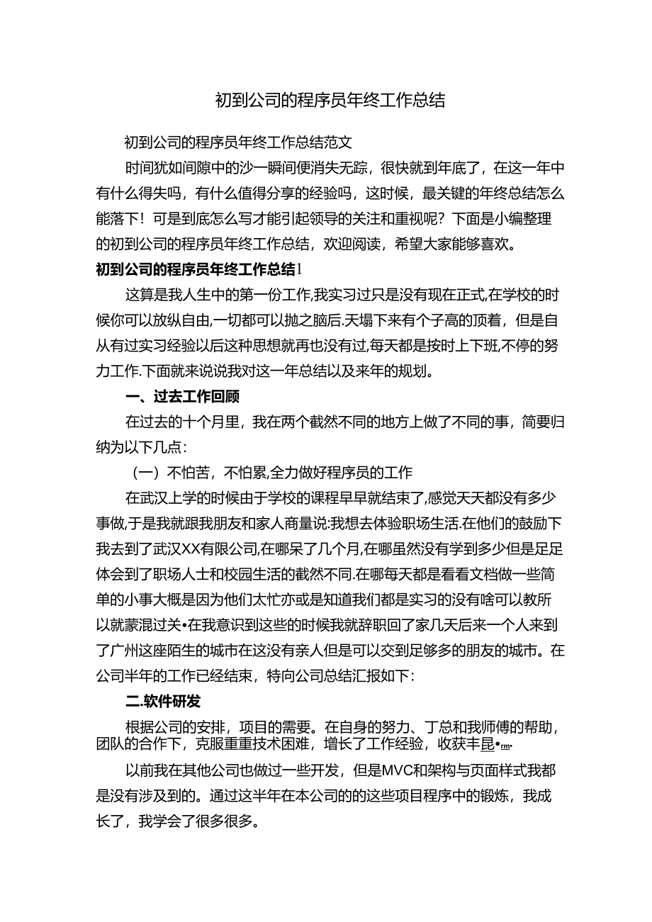 初到公司的程序员年终工作总结范文.docx_第1页