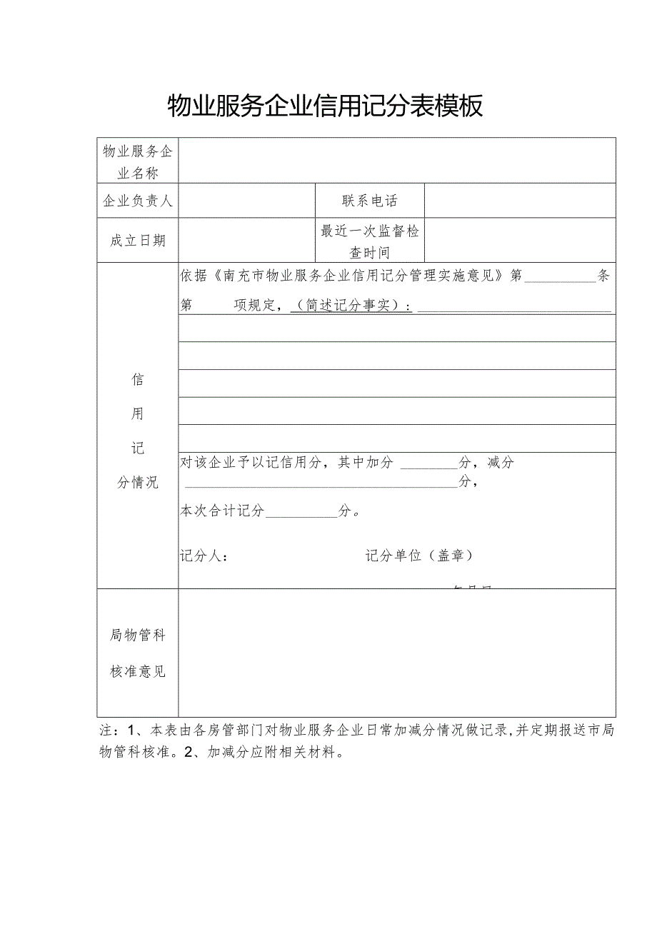 物业服务企业信用记分表模板.docx_第1页