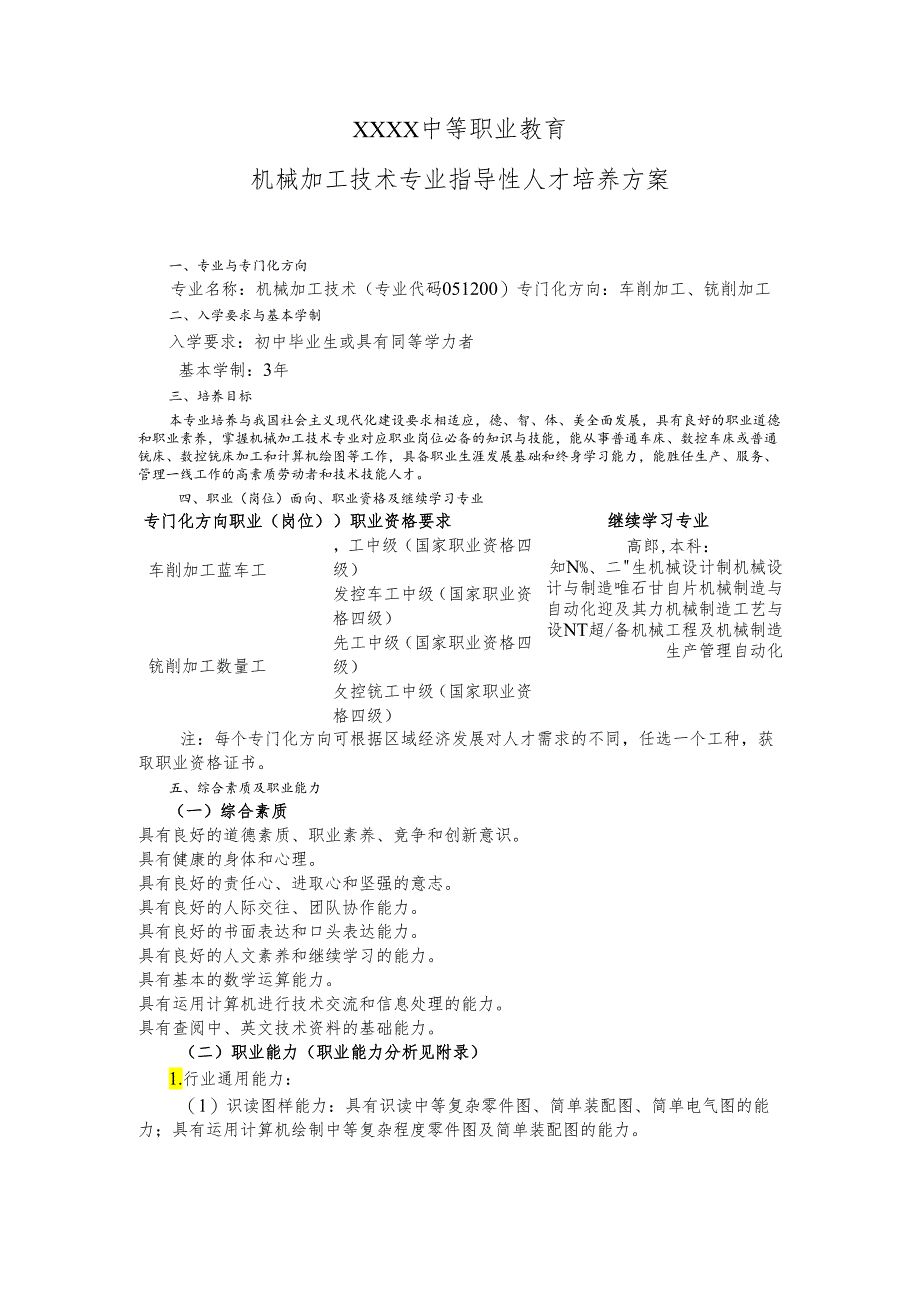 中等职业教育机械加工技术专业指导性人才培养方案.docx_第1页