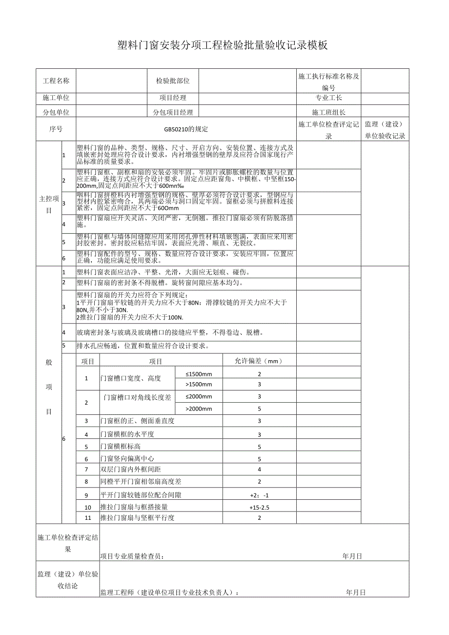 塑料门窗安装分项工程检验批量验收记录模板.docx_第1页