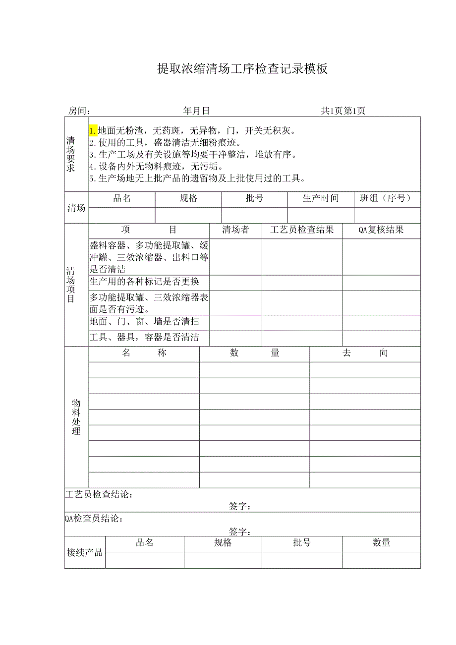 提取浓缩清场工序检查记录模板.docx_第1页