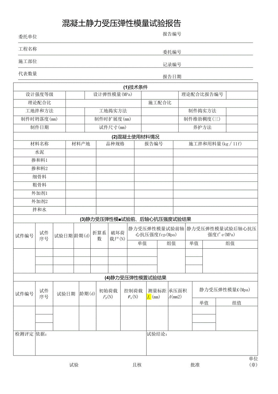 混凝土静力受压弹性模量试验报告表格模板.docx_第1页