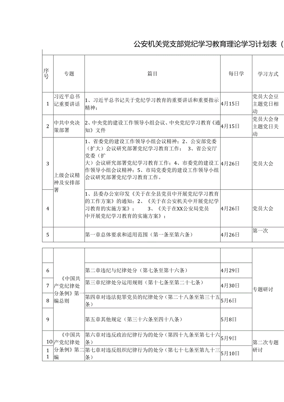 公安机关党支部党纪学习教育理论学习计划（表格样式）.docx_第1页